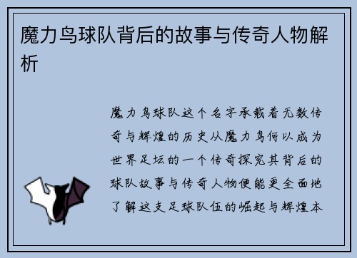 魔力鸟球队背后的故事与传奇人物解析 魔力鸟球队背后的故事与传奇人物解析
